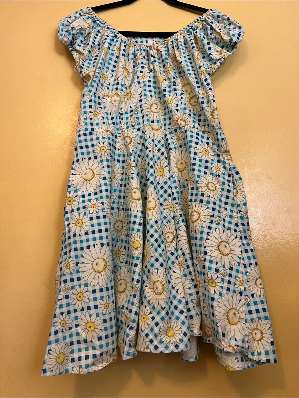 Hell Bunny Blue Gingham Daisy Off-Shoulder Dress